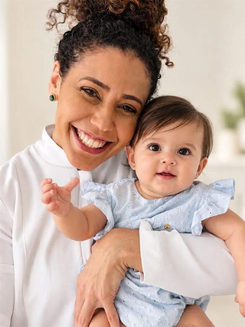 Viviane Vasconcelos sorrindo, de jaleco branco, com um bebê no colo